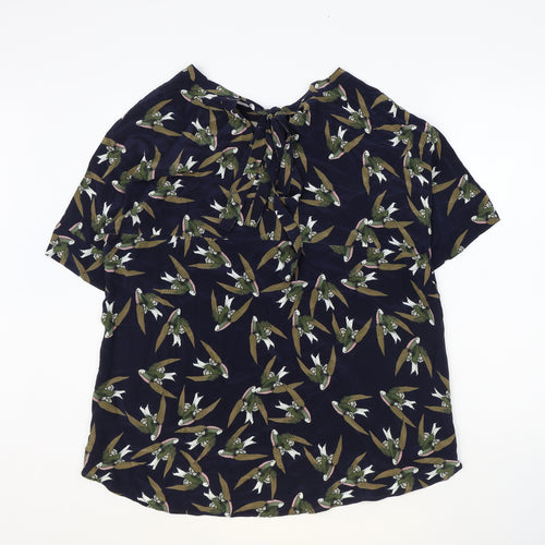 Turnover Womens Blue Geometric Silk Basic Blouse Size 12 Round Neck - Bird Pattern