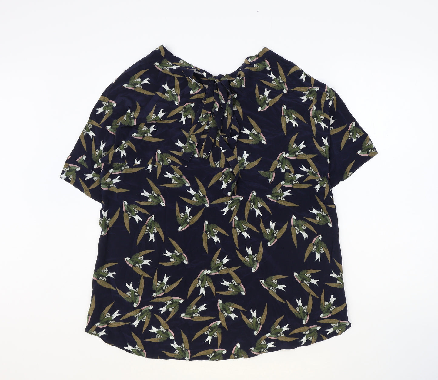 Turnover Womens Blue Geometric Silk Basic Blouse Size 12 Round Neck - Bird Pattern