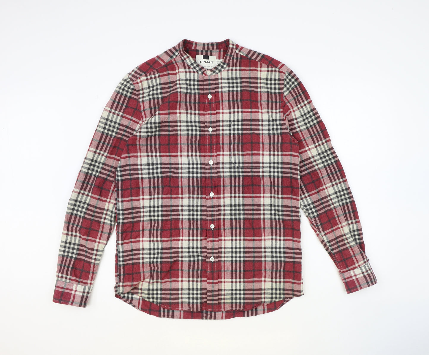 Topman Mens Red Plaid Cotton Button-Up Size M Round Neck Button