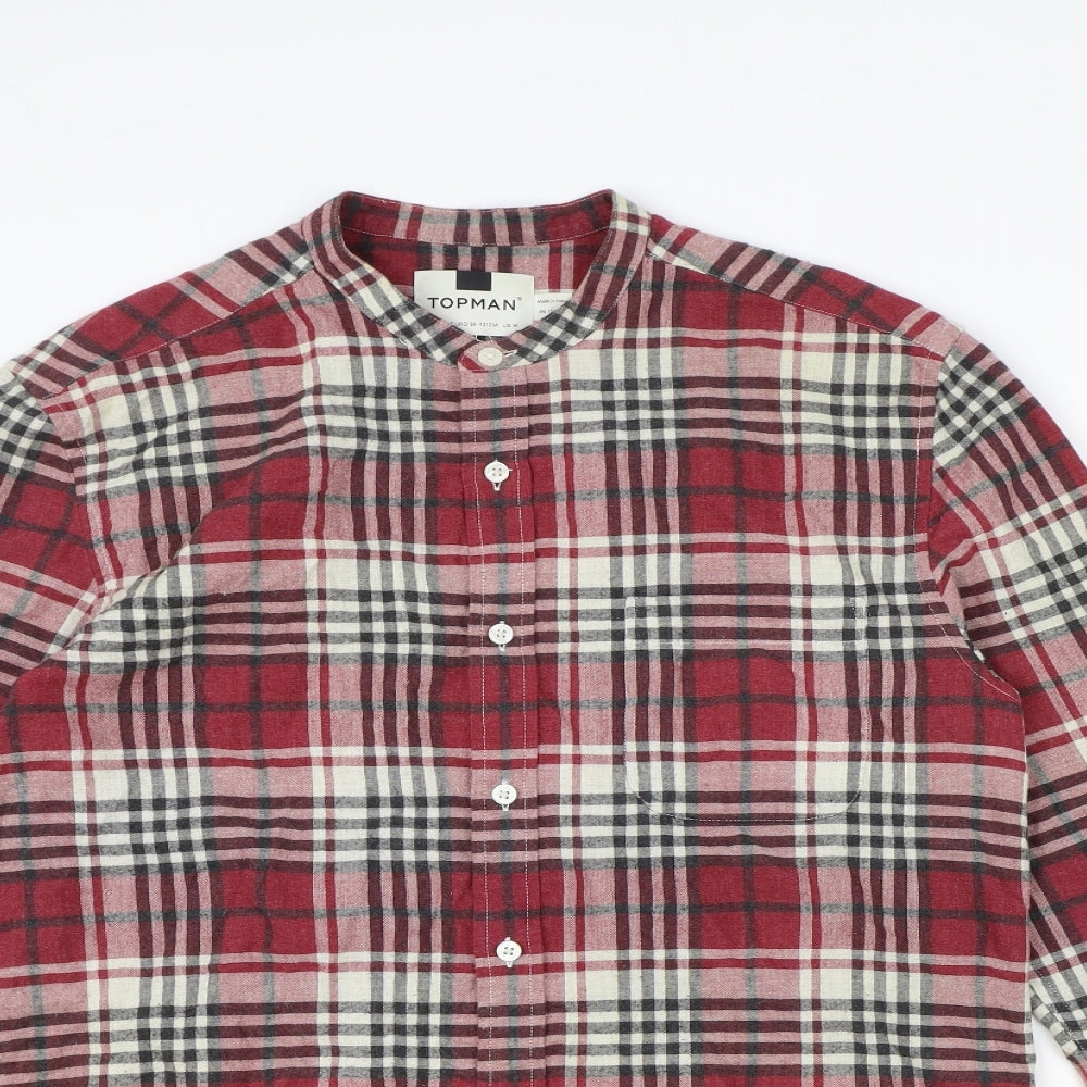 Topman Mens Red Plaid Cotton Button-Up Size M Round Neck Button