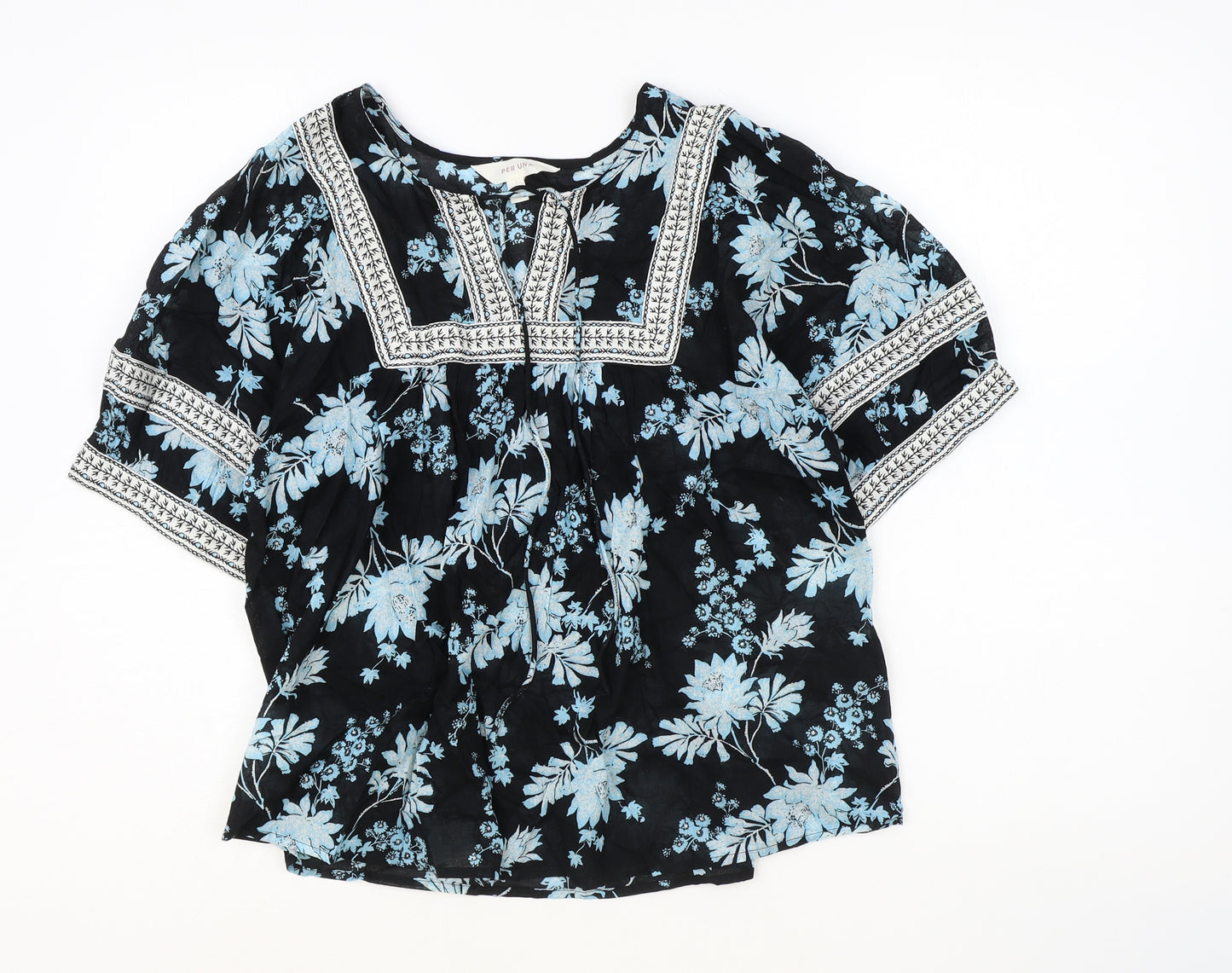 Marks and Spencer Womens Blue Geometric 100% Cotton Basic T-Shirt Size 8 Round Neck