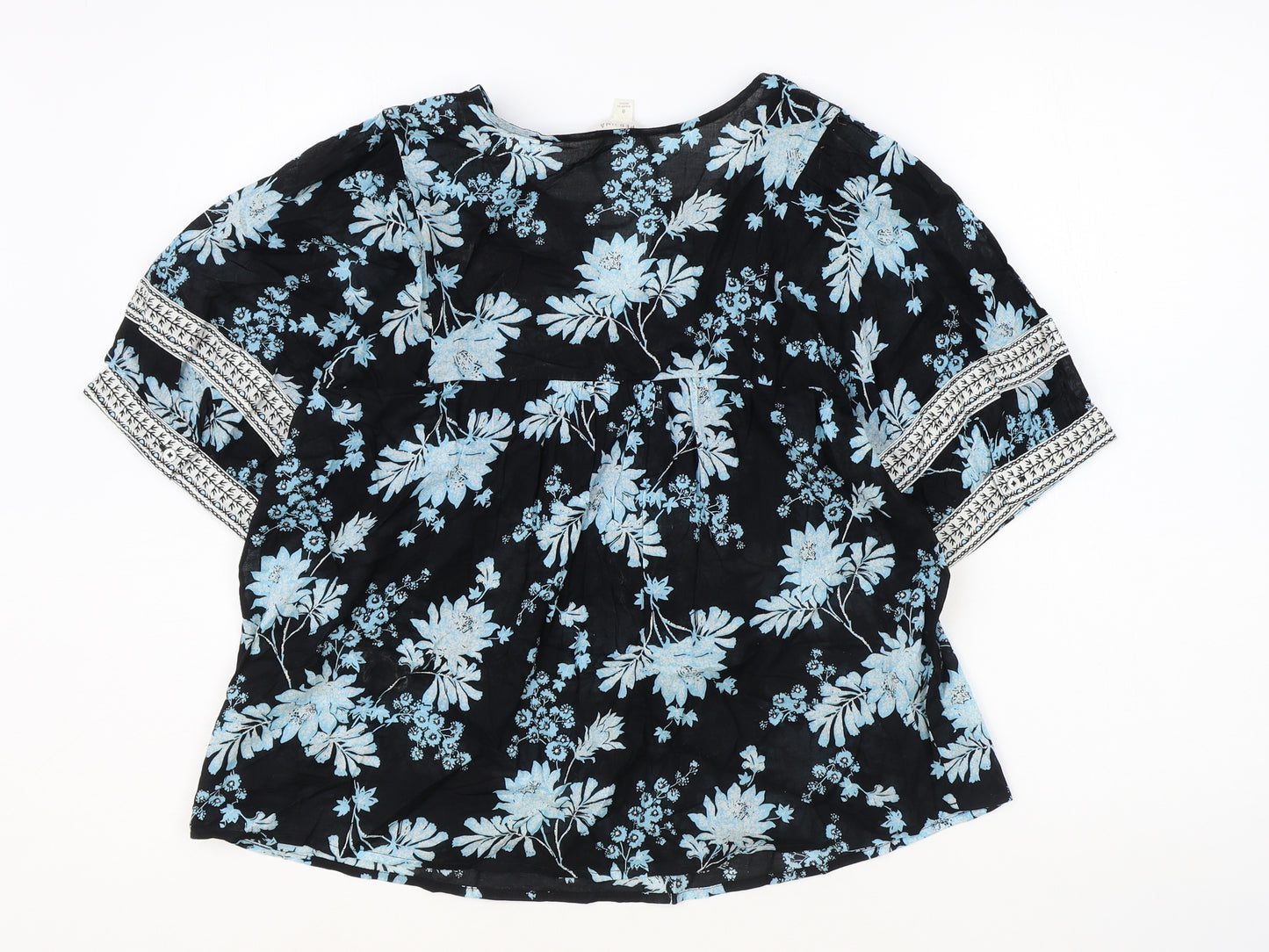 Marks and Spencer Womens Blue Geometric 100% Cotton Basic T-Shirt Size 8 Round Neck