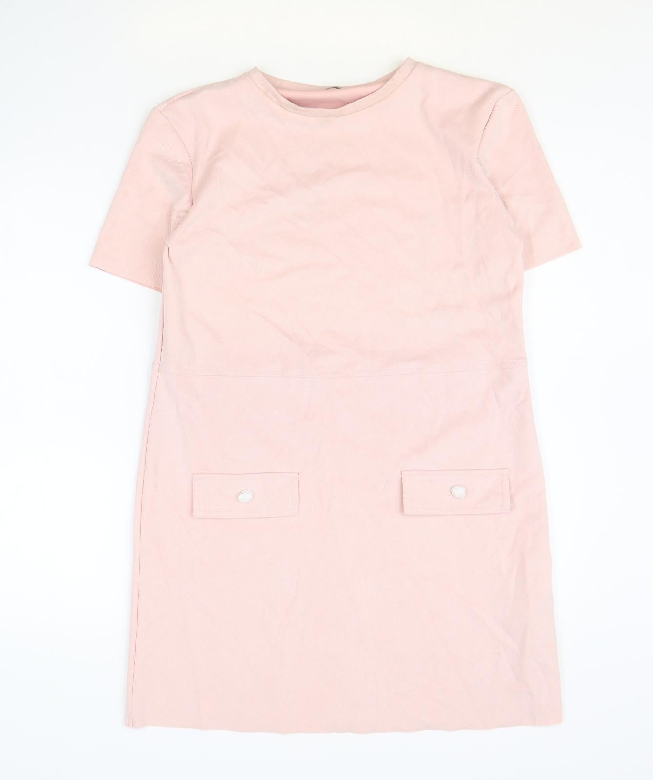 Zara Womens Pink Polyester Shift Size S Scoop Neck Pullover - Faux Pocket Detail