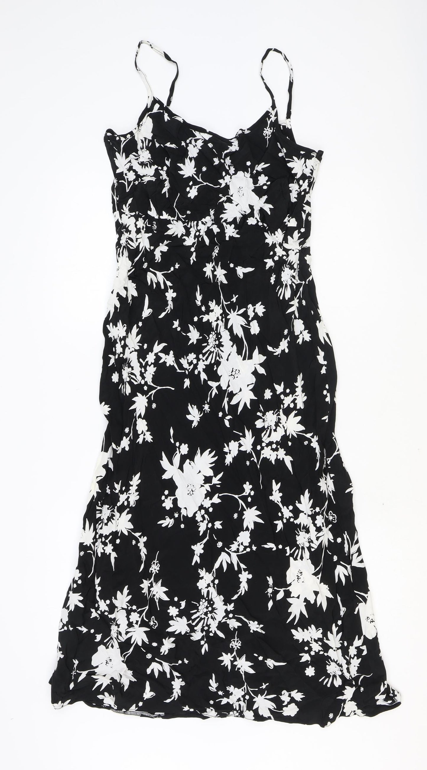 BHS Womens Black Floral Viscose Tank Dress Size 12 Scoop Neck Pullover