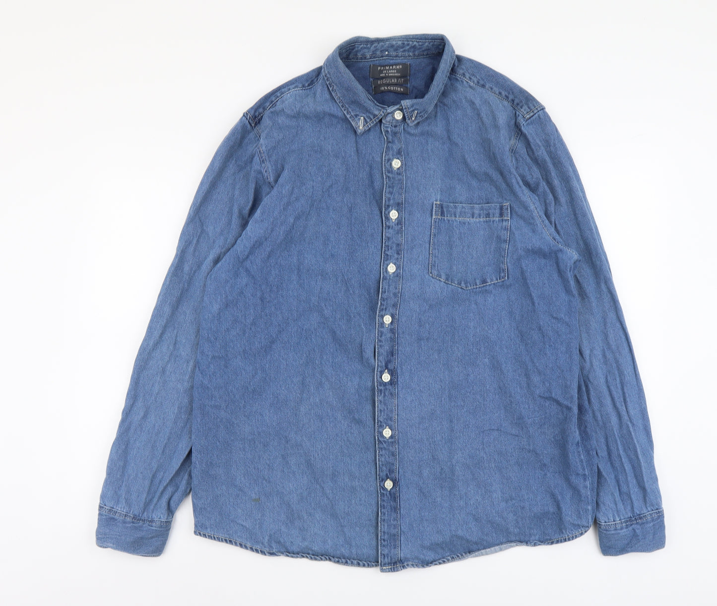 Primark Mens Blue Cotton Button-Up Size 2XL Collared Button