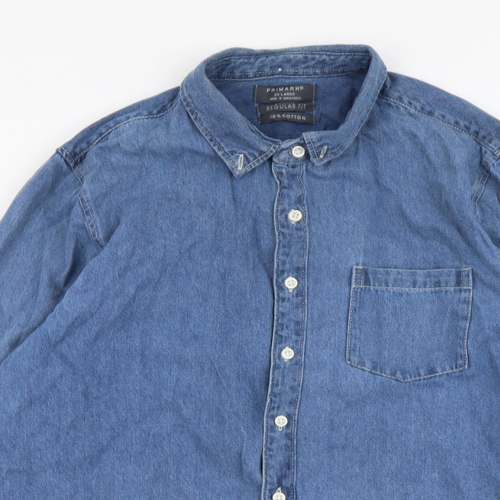 Primark Mens Blue Cotton Button-Up Size 2XL Collared Button