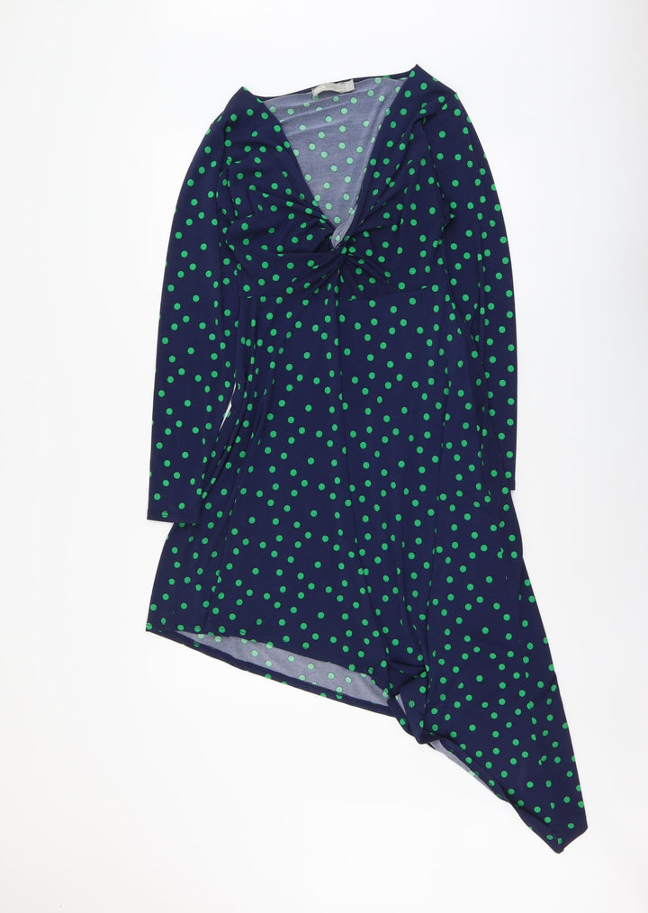 ASOS Womens Blue Polka Dot Polyester A-Line Size 10 V-Neck Pullover - Knot Front