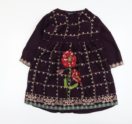 Designer Womens Purple Geometric Cotton Fit & Flare Size L Round Neck Pullover - Flower Detail