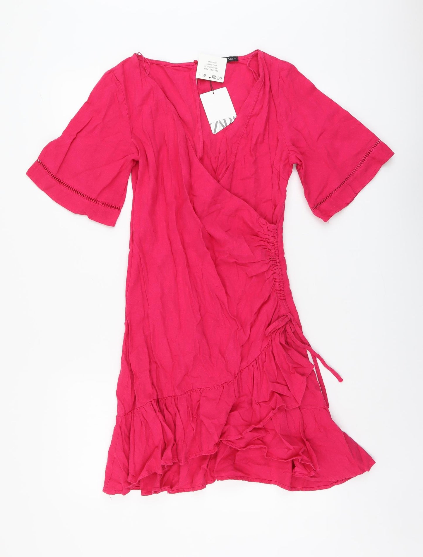 Zara Womens Pink Linen Wrap Dress Size S V-Neck Zip