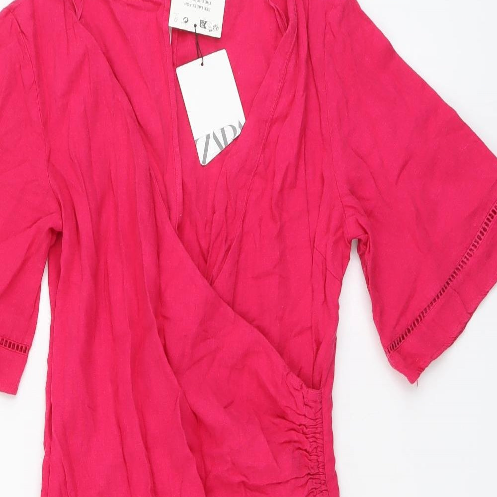 Zara Womens Pink Linen Wrap Dress Size S V-Neck Zip