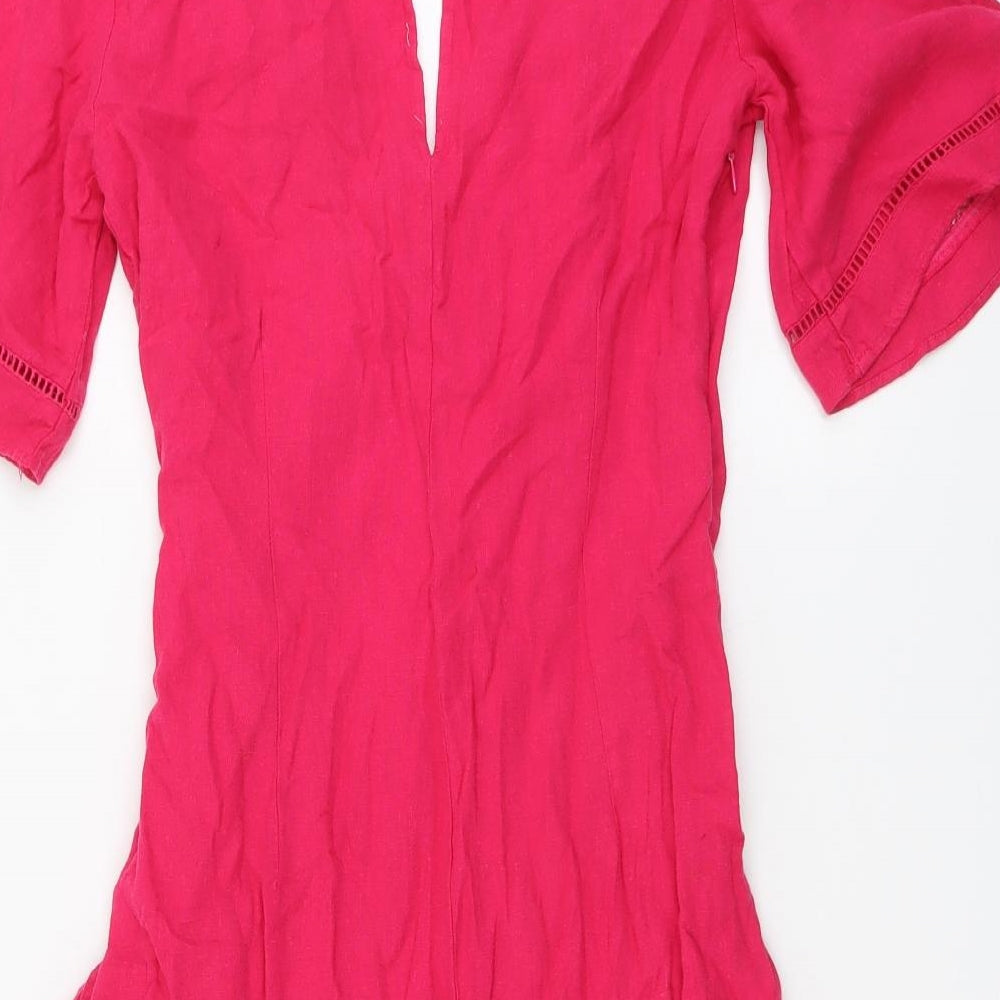 Zara Womens Pink Linen Wrap Dress Size S V-Neck Zip