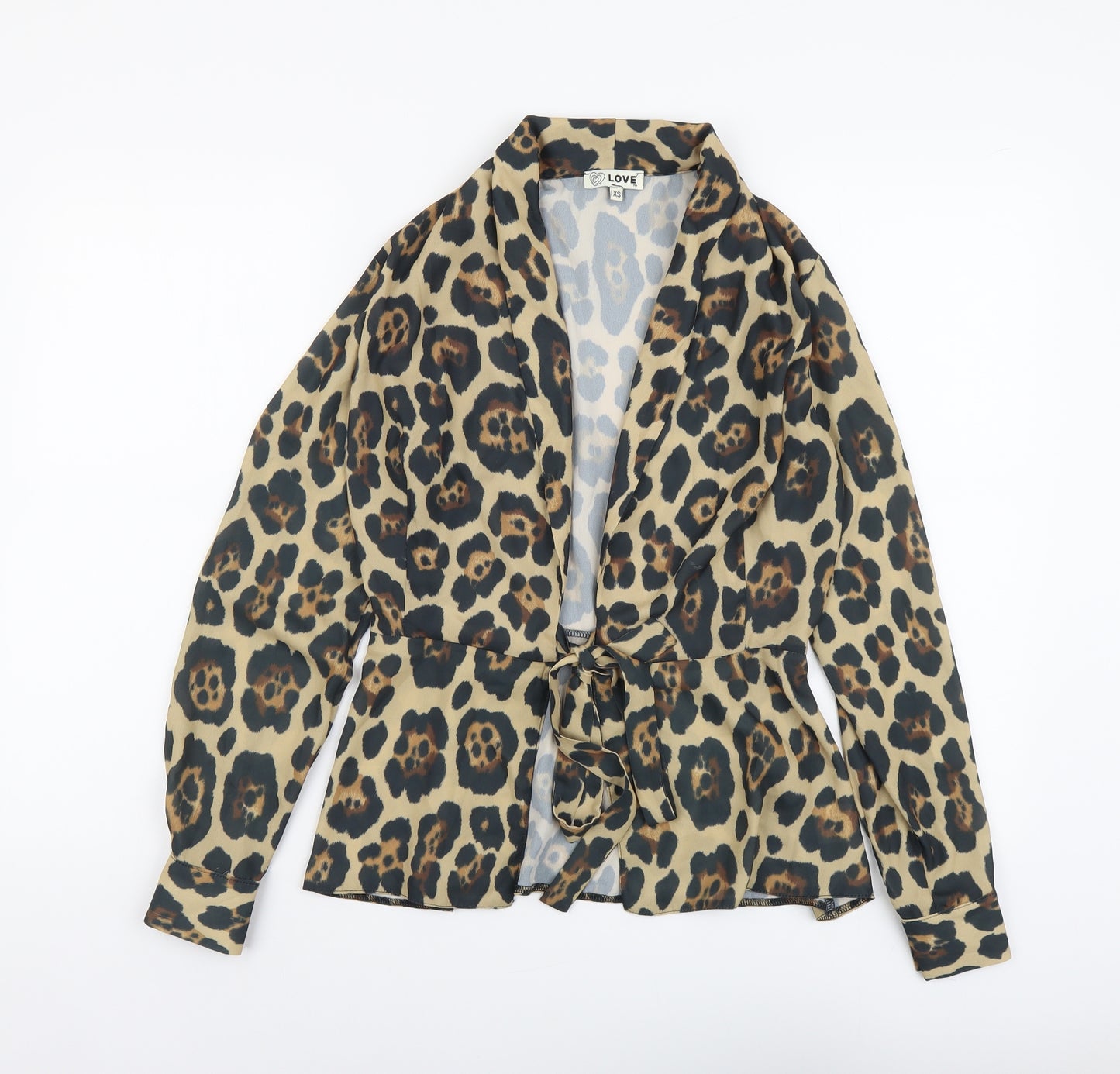 Love Womens Brown Animal Print Polyester Kimono Blouse Size XS V-Neck - Leopard Print