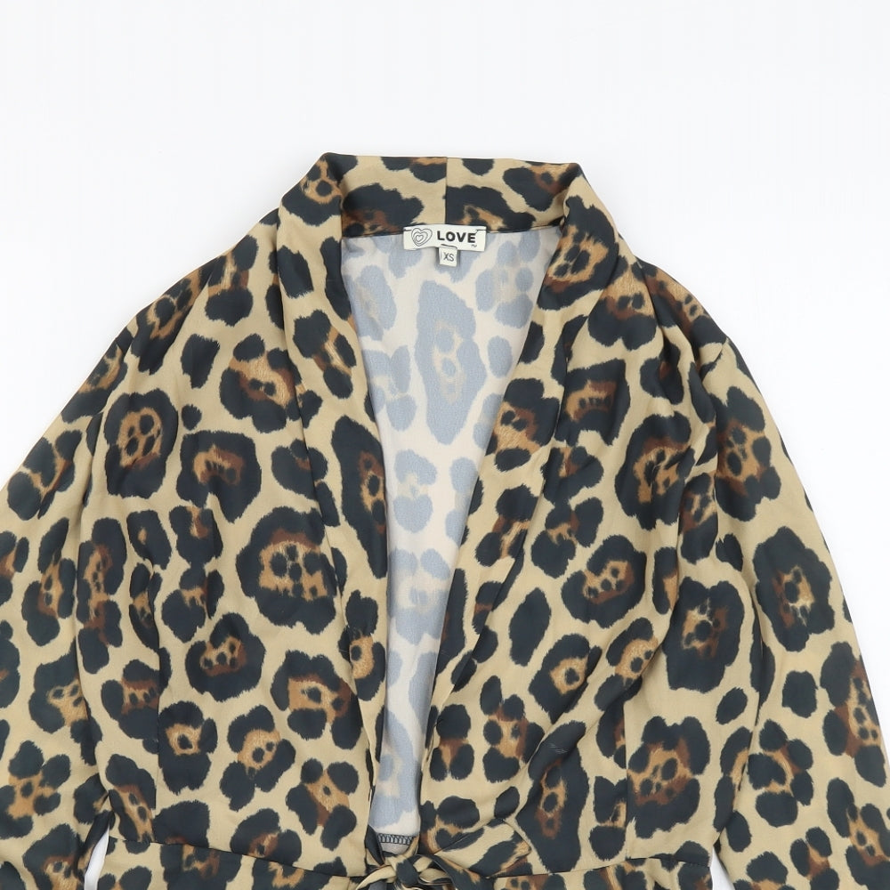 Love Womens Brown Animal Print Polyester Kimono Blouse Size XS V-Neck - Leopard Print