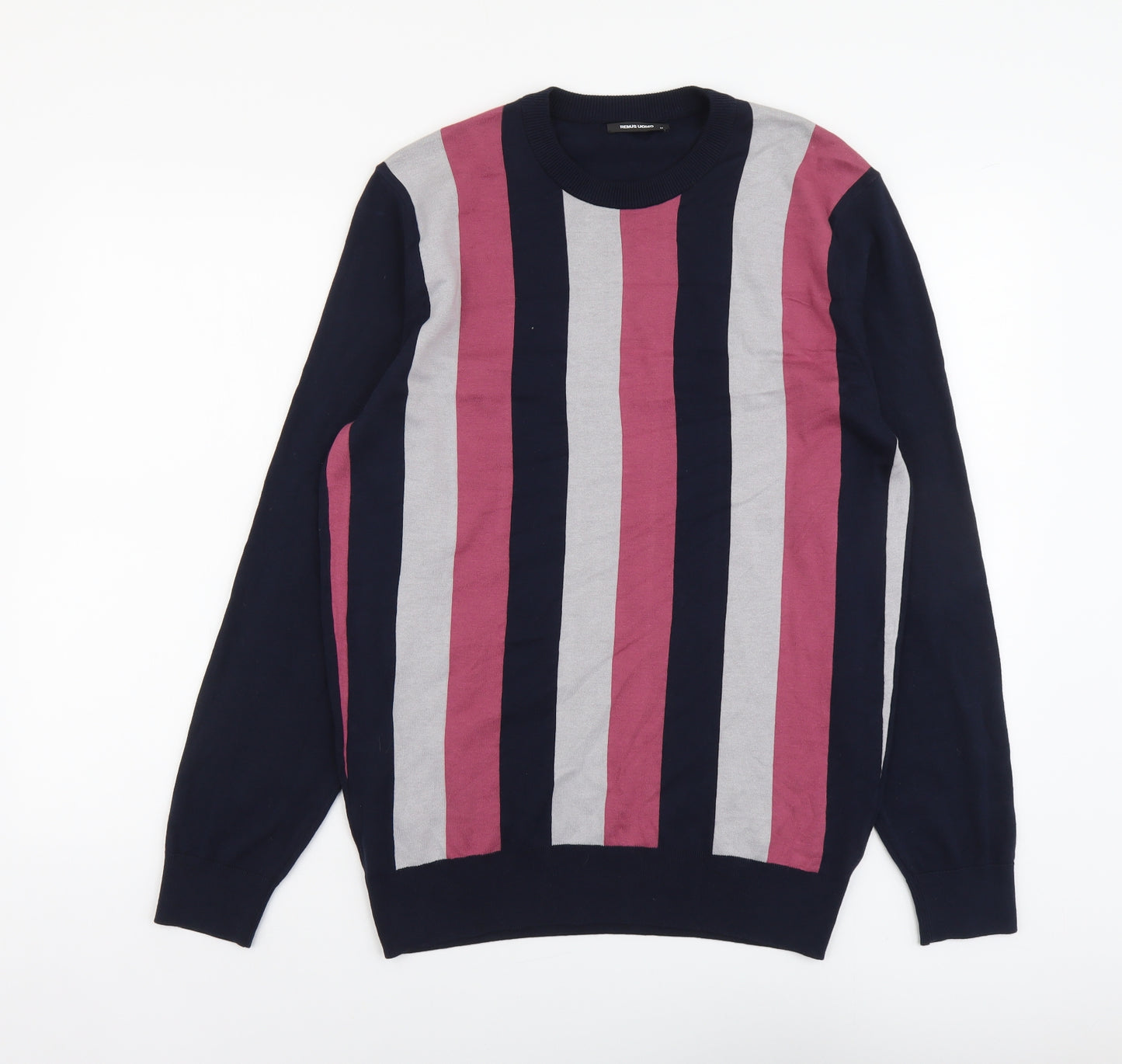Remus Umo Mens Blue Round Neck Striped Cotton Pullover Jumper Size M