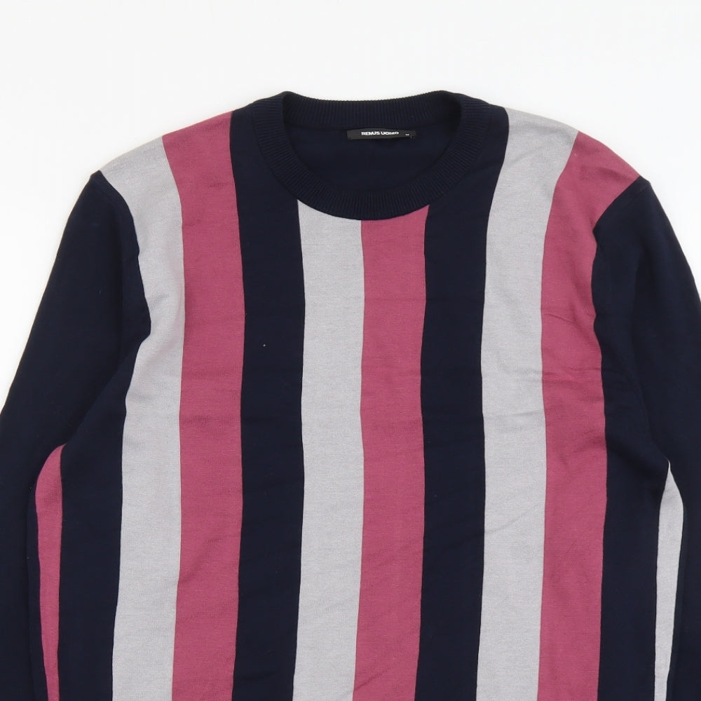 Remus Umo Mens Blue Round Neck Striped Cotton Pullover Jumper Size M