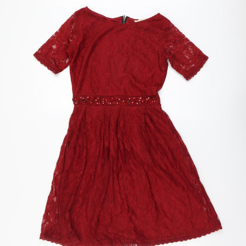 Yumi Womens Red Floral Polyester Fit & Flare Size 8 Round Neck Zip