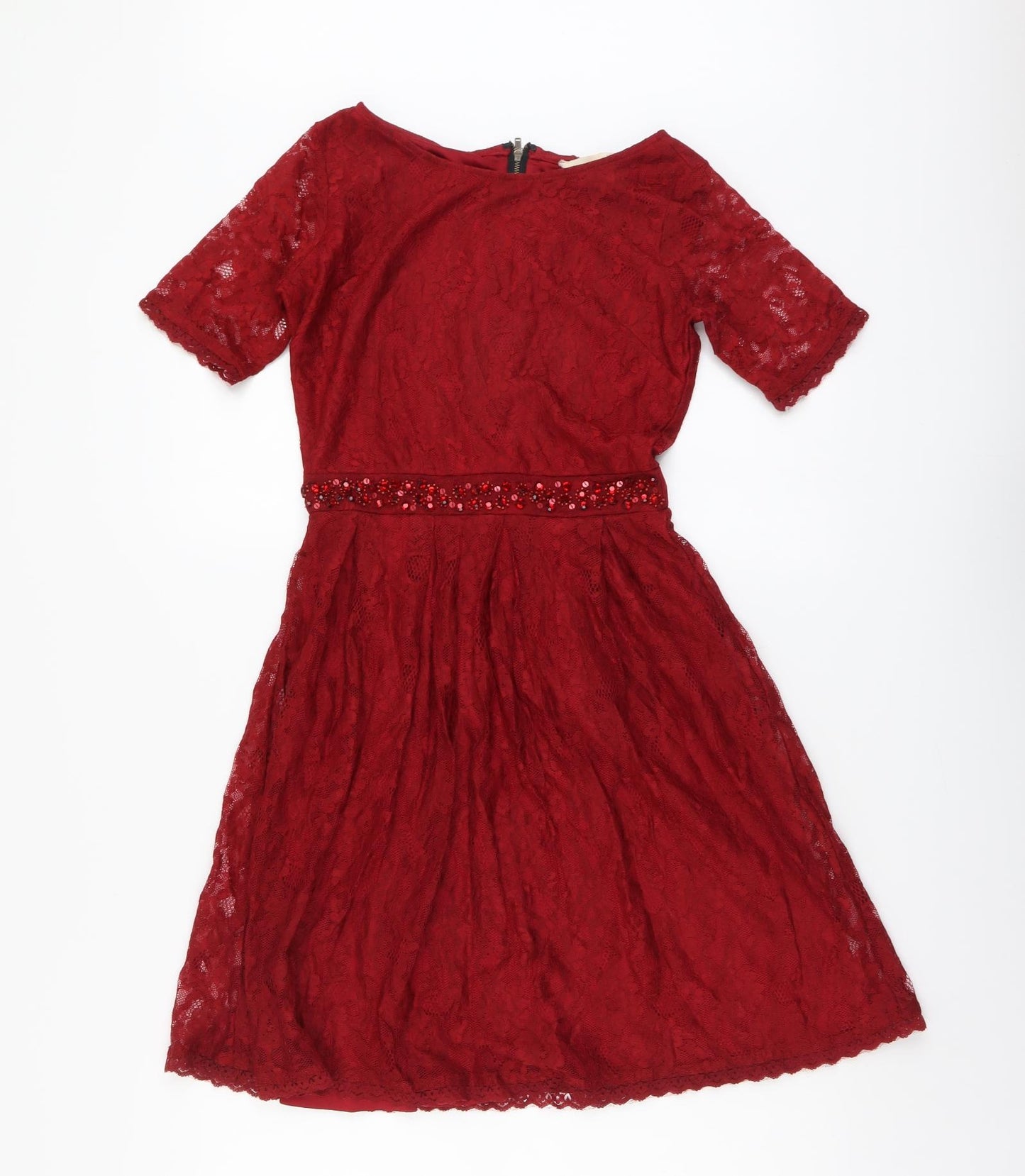Yumi Womens Red Floral Polyester Fit & Flare Size 8 Round Neck Zip