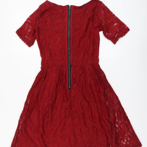 Yumi Womens Red Floral Polyester Fit & Flare Size 8 Round Neck Zip