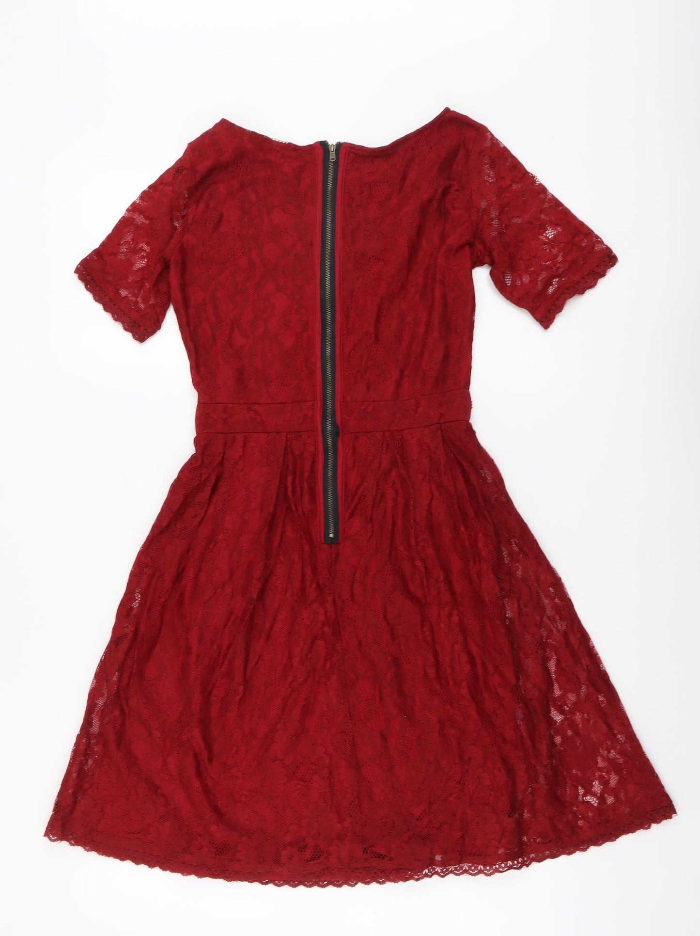 Yumi Womens Red Floral Polyester Fit & Flare Size 8 Round Neck Zip