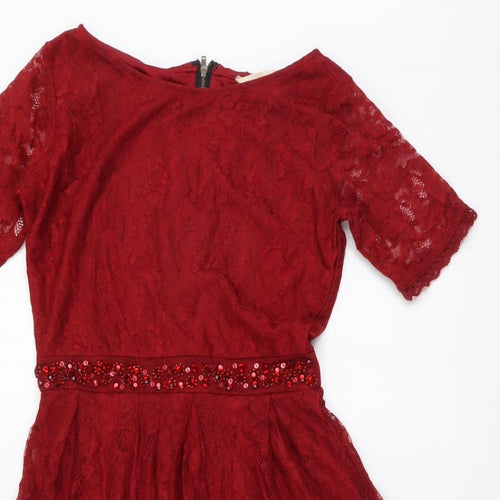 Yumi Womens Red Floral Polyester Fit & Flare Size 8 Round Neck Zip
