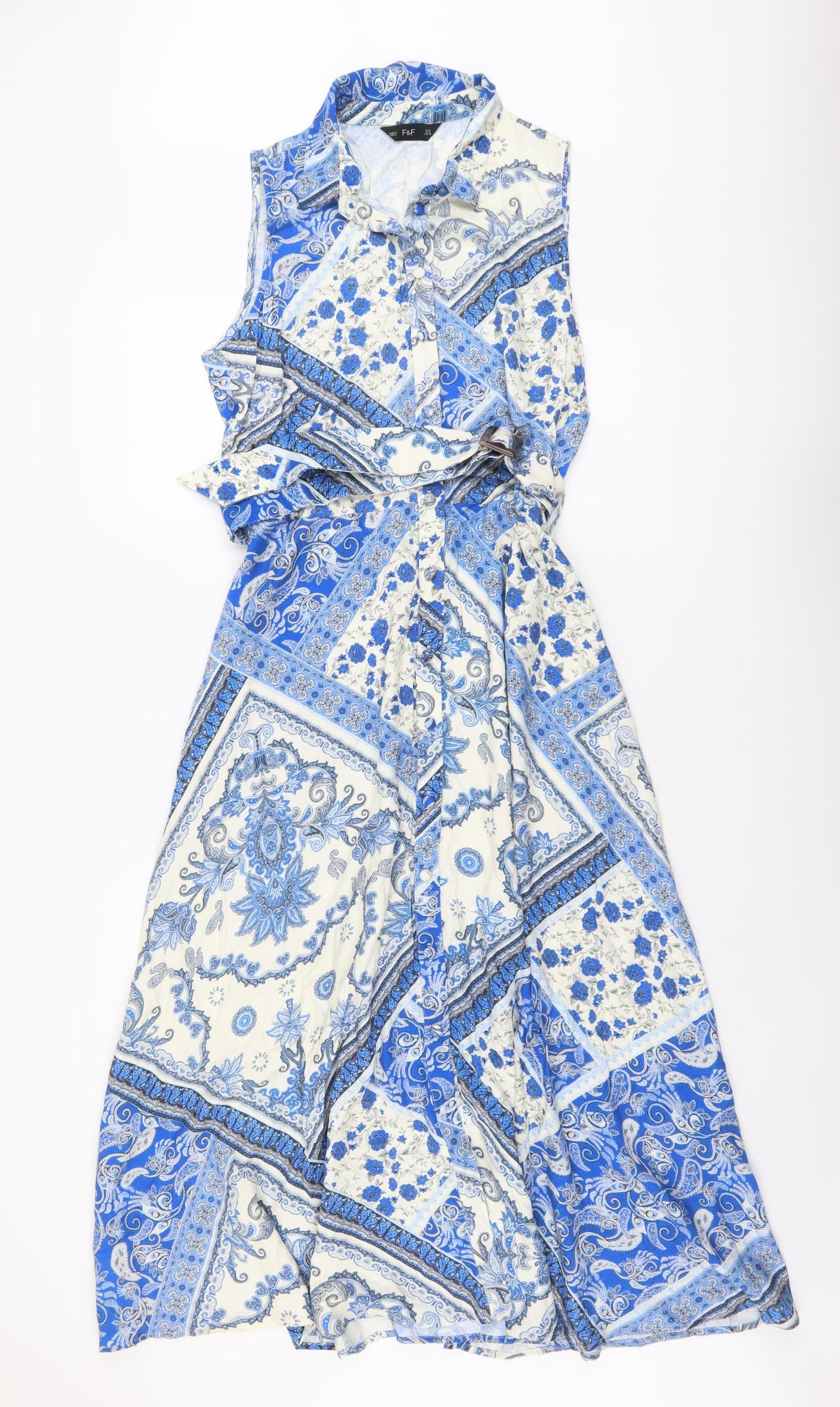 F&F Womens Blue Floral Viscose Shirt Dress Size 14 Collared Button