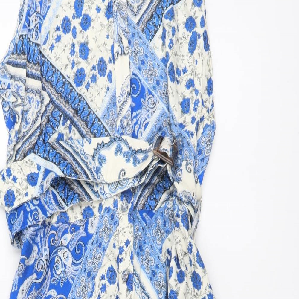 F&F Womens Blue Floral Viscose Shirt Dress Size 14 Collared Button