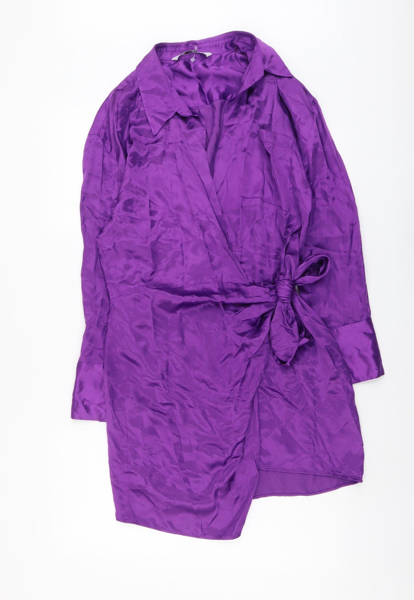 Zara Womens Purple Polyester Wrap Dress Size L Collared Tie