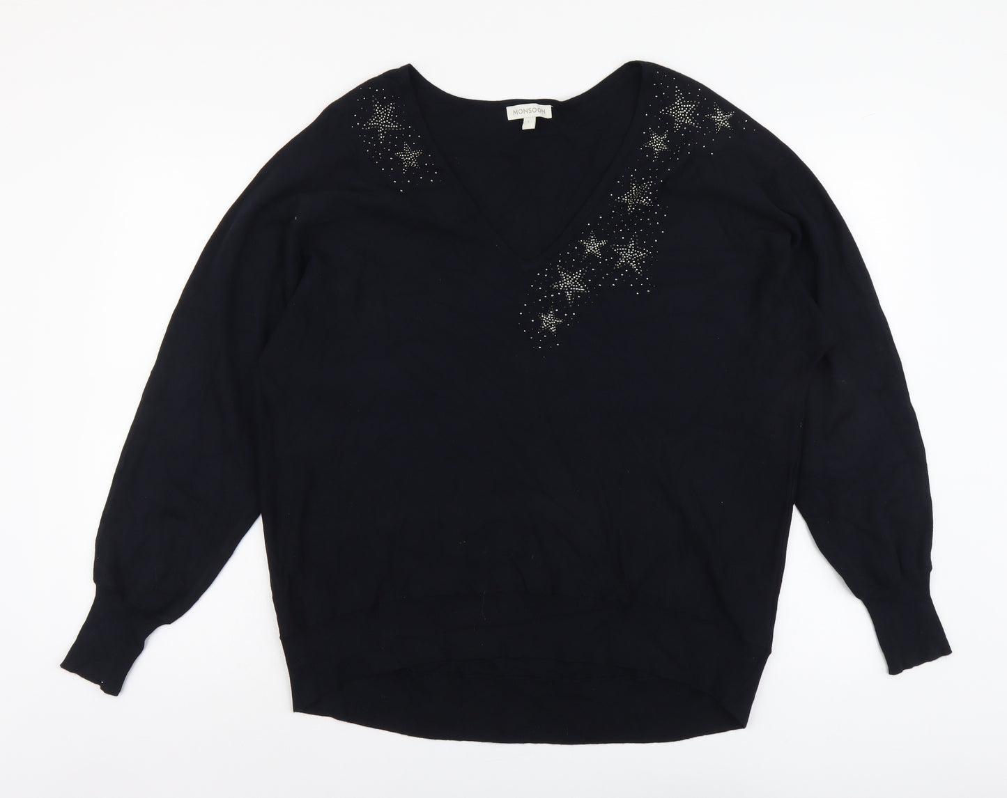 Monsoon Womens Blue V-Neck Viscose Pullover Jumper Size L - Stars Batwing