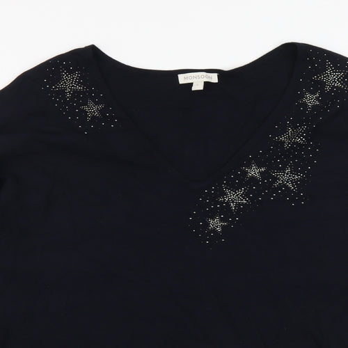 Monsoon Womens Blue V-Neck Viscose Pullover Jumper Size L - Stars Batwing