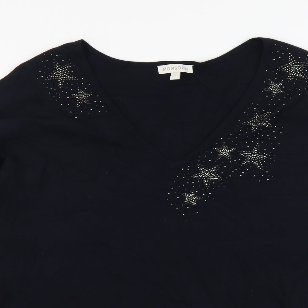 Monsoon Womens Blue V-Neck Viscose Pullover Jumper Size L - Stars Batwing