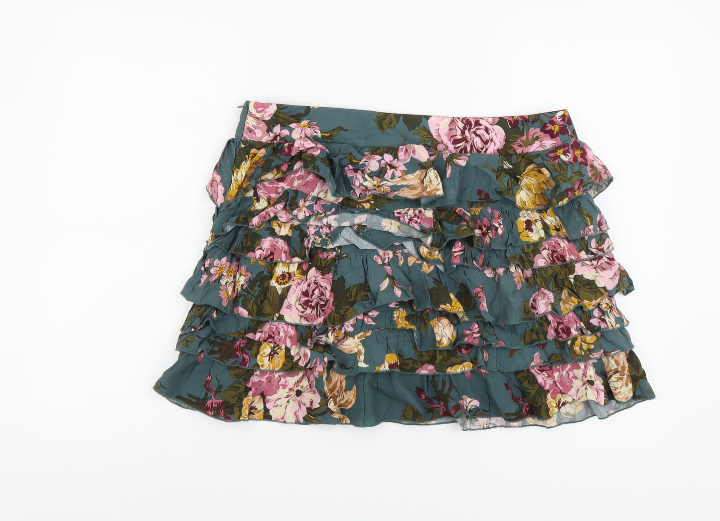 Joules Womens Green Floral Cotton Mini Skirt Size 14 Zip