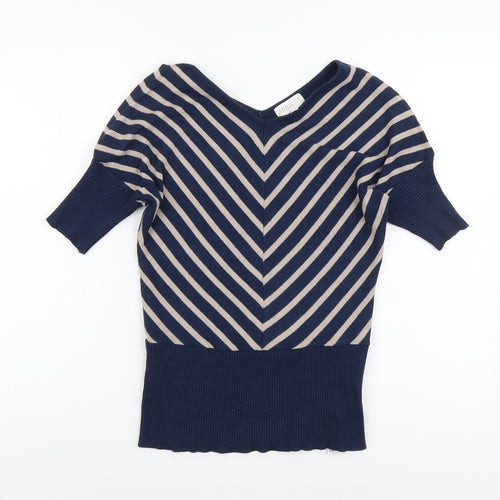 Apricot Womens Blue V-Neck Geometric Viscose Pullover Jumper Size 12