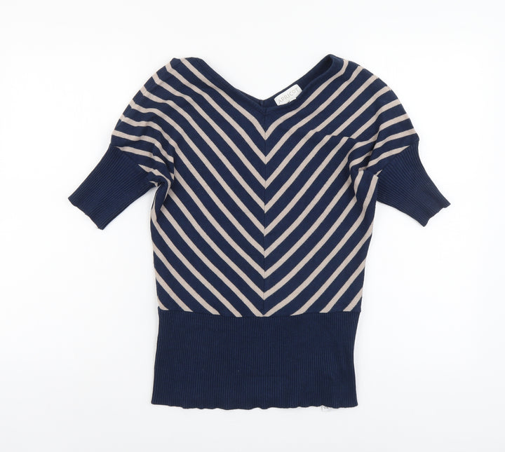 Apricot Womens Blue V-Neck Geometric Viscose Pullover Jumper Size 12