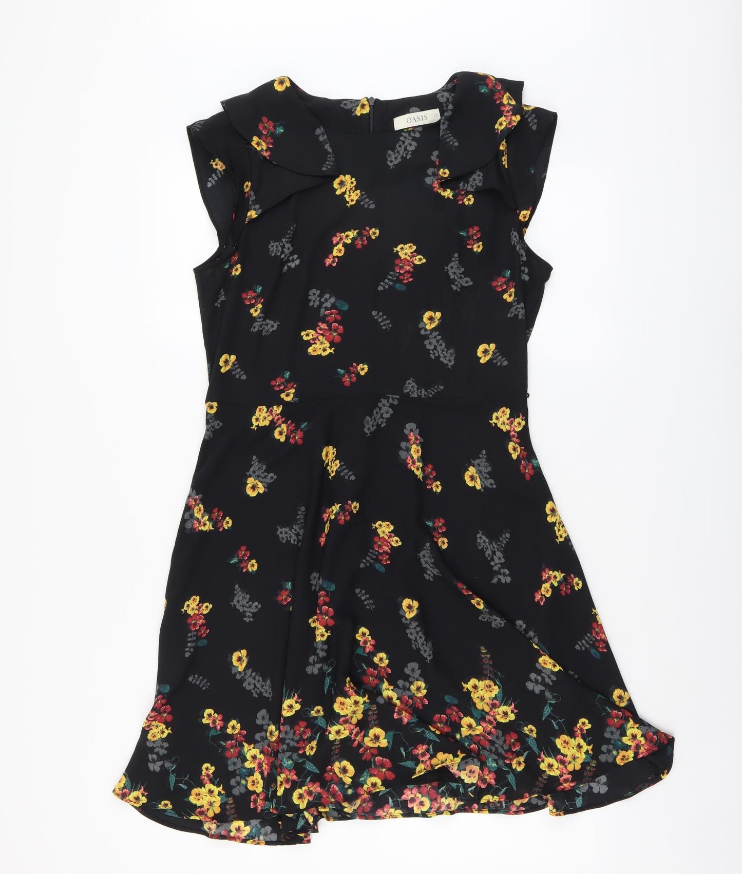 Oasis Womens Black Floral Polyester Fit & Flare Size 12 Round Neck Zip