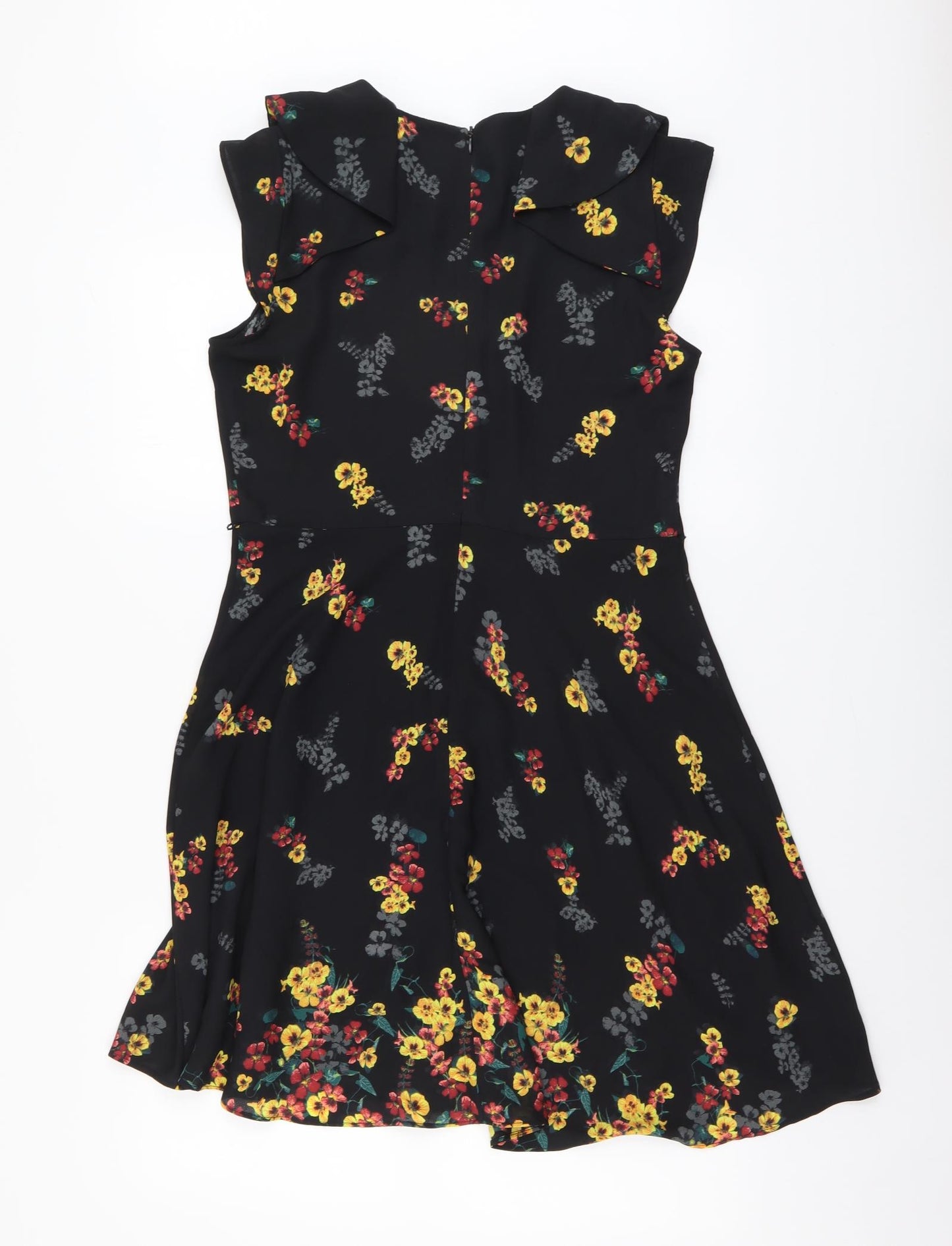 Oasis Womens Black Floral Polyester Fit & Flare Size 12 Round Neck Zip