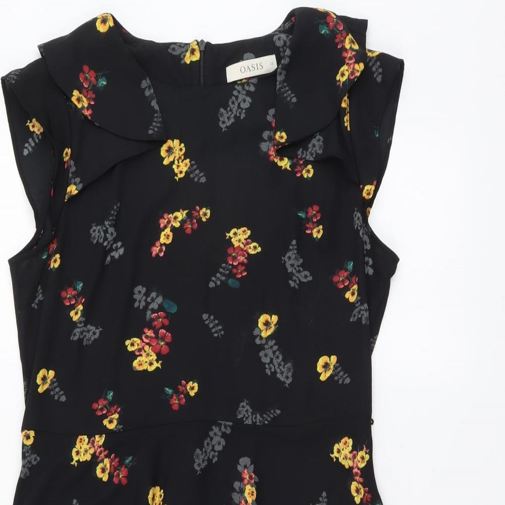 Oasis Womens Black Floral Polyester Fit & Flare Size 12 Round Neck Zip