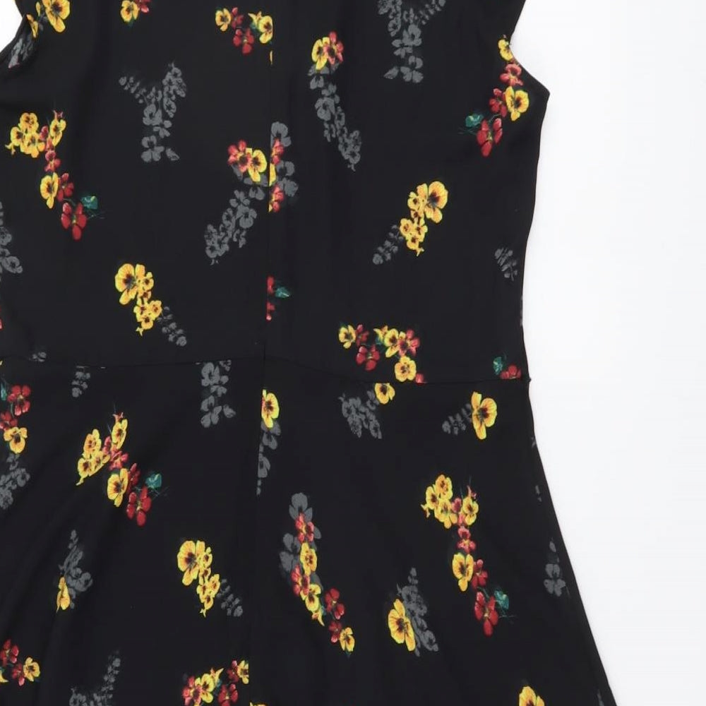 Oasis Womens Black Floral Polyester Fit & Flare Size 12 Round Neck Zip