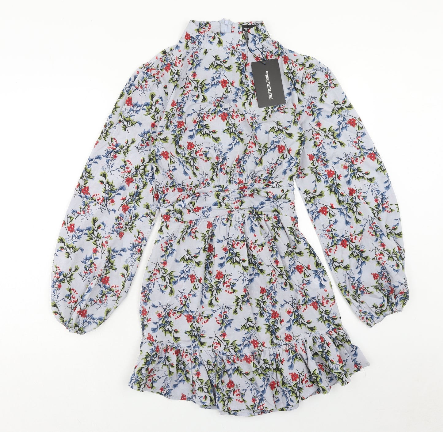 PRETTYLITTLETHING Womens Blue Floral Polyester A-Line Size 6 High Neck Zip