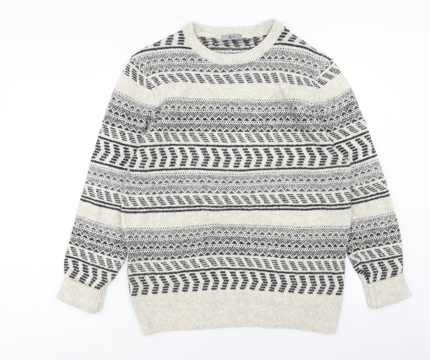 TU Mens Grey Round Neck Geometric Acrylic Pullover Jumper Size M