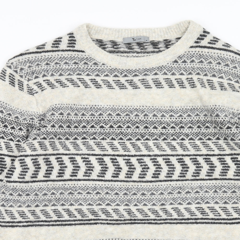 TU Mens Grey Round Neck Geometric Acrylic Pullover Jumper Size M