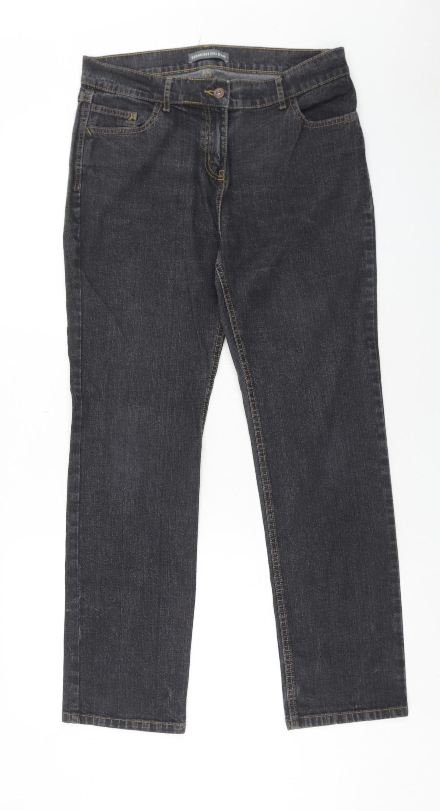 Marks and Spencer Womens Black Cotton Straight Jeans Size 14 Regular Zip