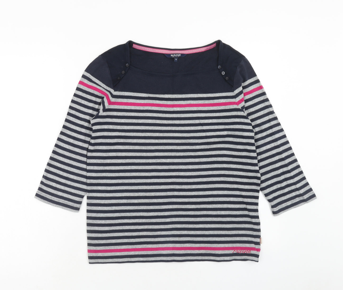 Maine Womens Grey Striped Cotton Basic T-Shirt Size 16 Square Neck
