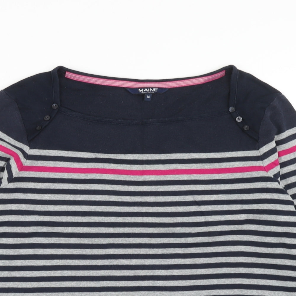Maine Womens Grey Striped Cotton Basic T-Shirt Size 16 Square Neck