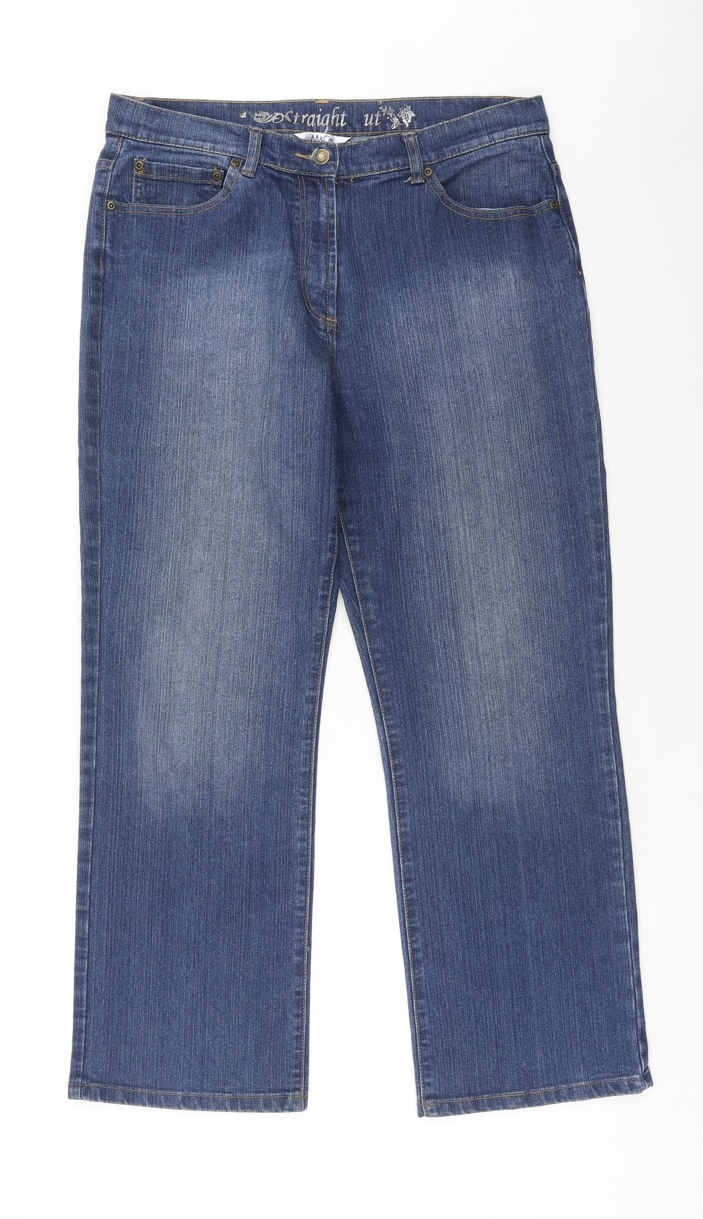 M&Co Womens Blue Cotton Straight Jeans Size 16 Regular Zip