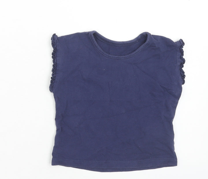 Marks and Spencer Girls Blue Cotton Basic T-Shirt Size 9-12 Months Round Neck Pullover