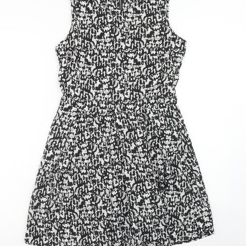 Mela London Womens Black Geometric Polyester A-Line Size 10 Scoop Neck Zip