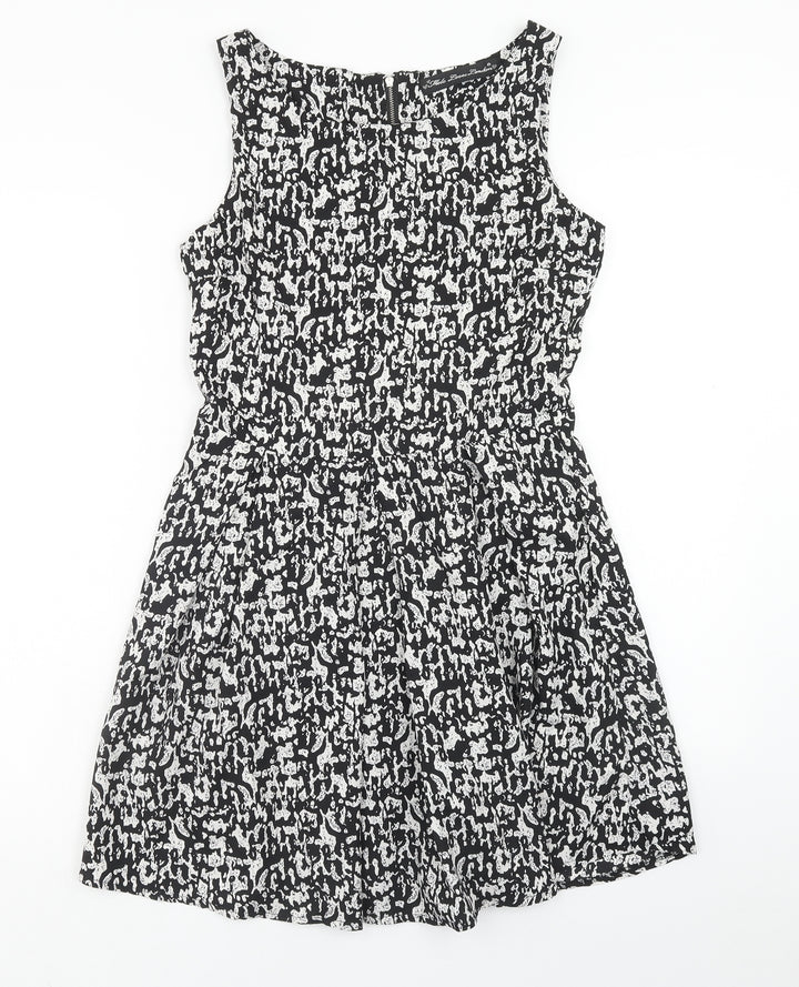 Mela London Womens Black Geometric Polyester A-Line Size 10 Scoop Neck Zip