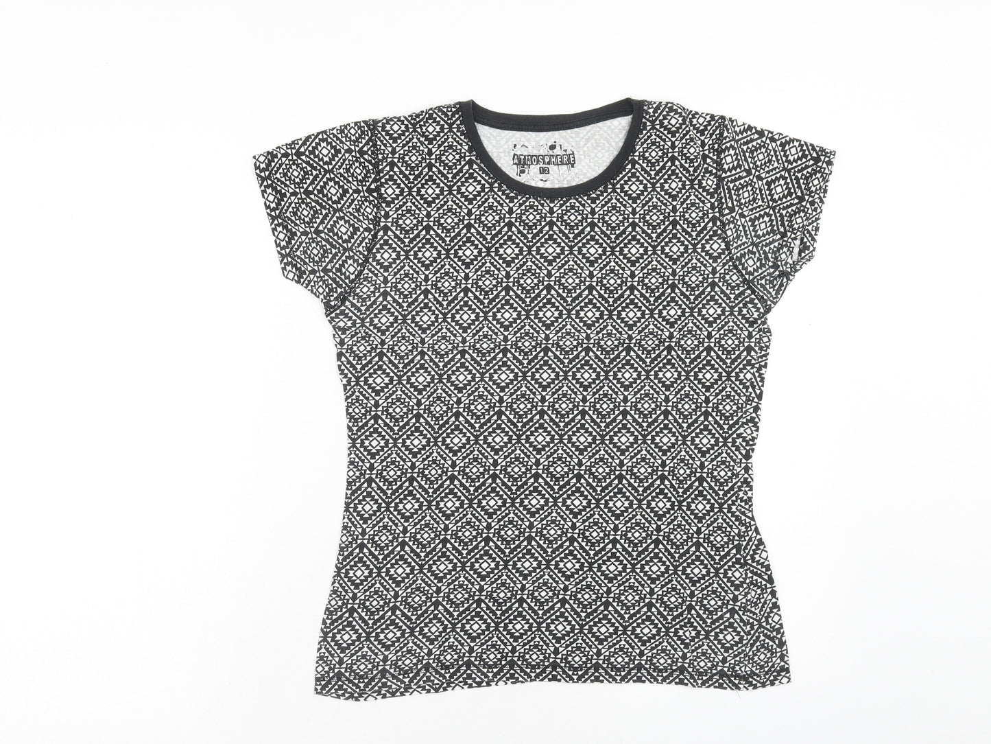 Atmosphere Womens Black Geometric Cotton Basic T-Shirt Size 12 Scoop Neck