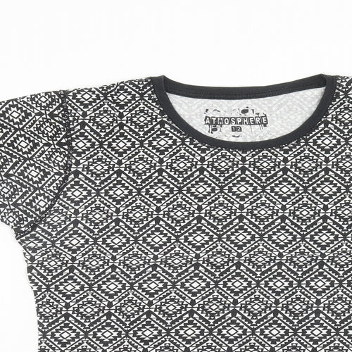 Atmosphere Womens Black Geometric Cotton Basic T-Shirt Size 12 Scoop Neck