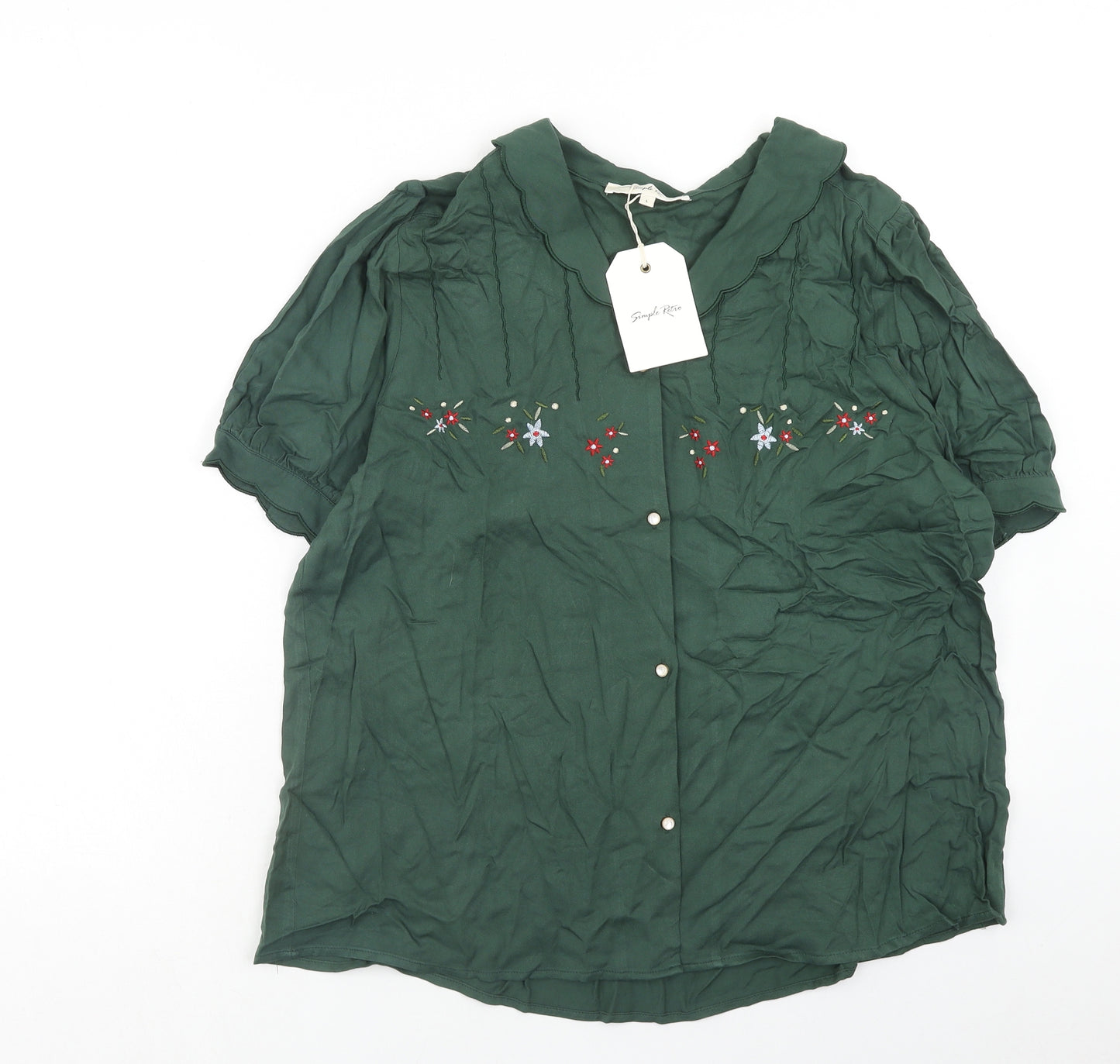 Simple Retro Womens Green Viscose Basic Button-Up Size L Collared